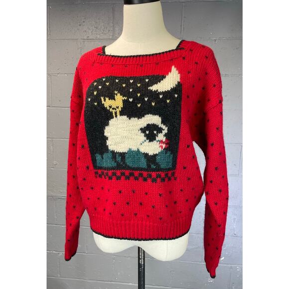 Vintage Woolrich Sheep Moon Novelty Knit Wool Sweater Red Black Medium Large - Picture 6 of 13